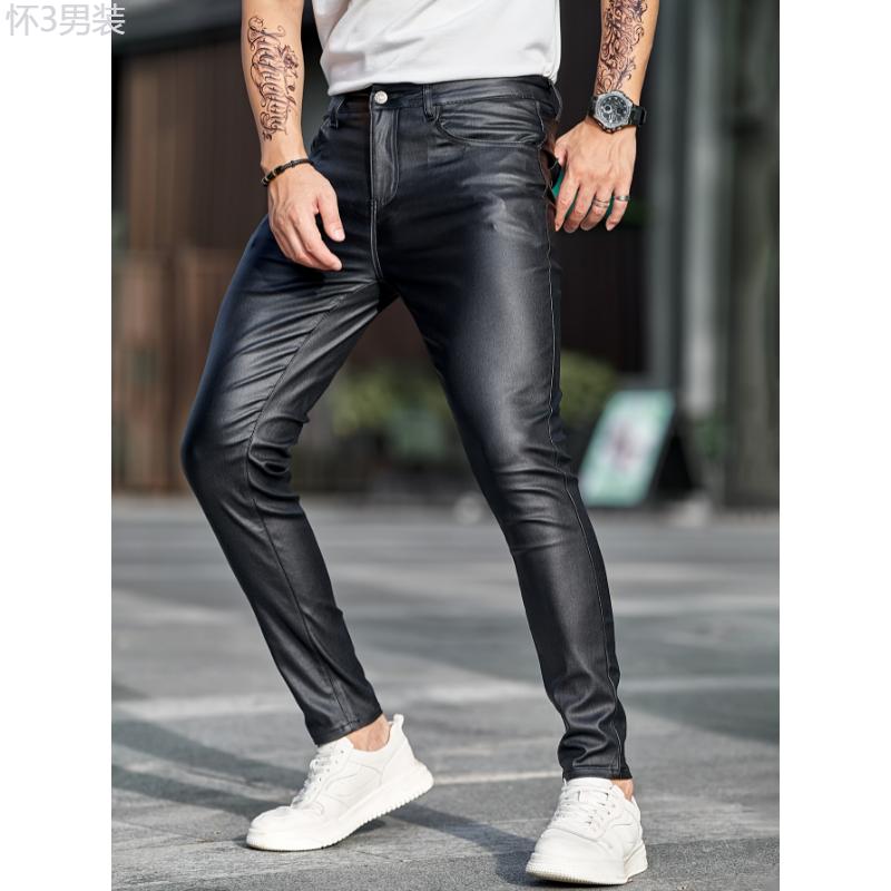 Men's Casual High Stretch Jeans, Chic Street Style Coated Skinny Jeans Fabric Menswear