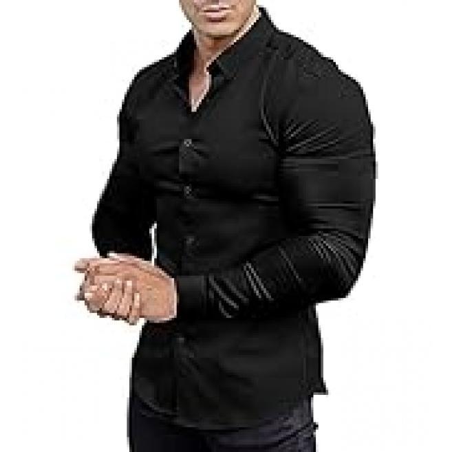 Men's muscle fit dress shirts athletic slim fit short sleeve stretch casual button down shirt