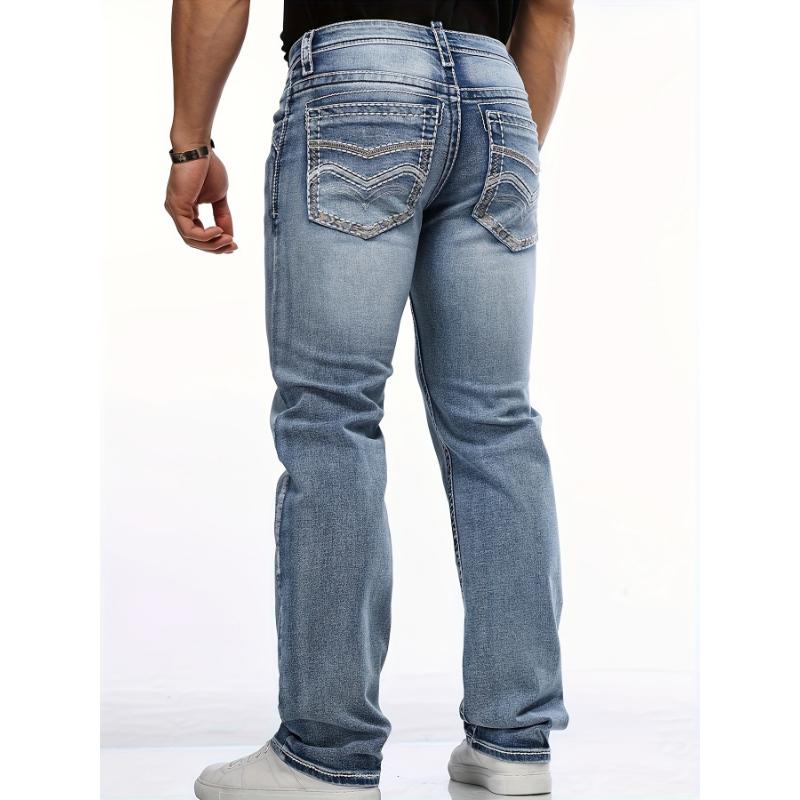 Men's Classic Stretch Denim Jeans With Embroidered Design, Regular Fit Four-Season Wear With Pockets, Suitable For Adults Menswear  Fabric Trouser