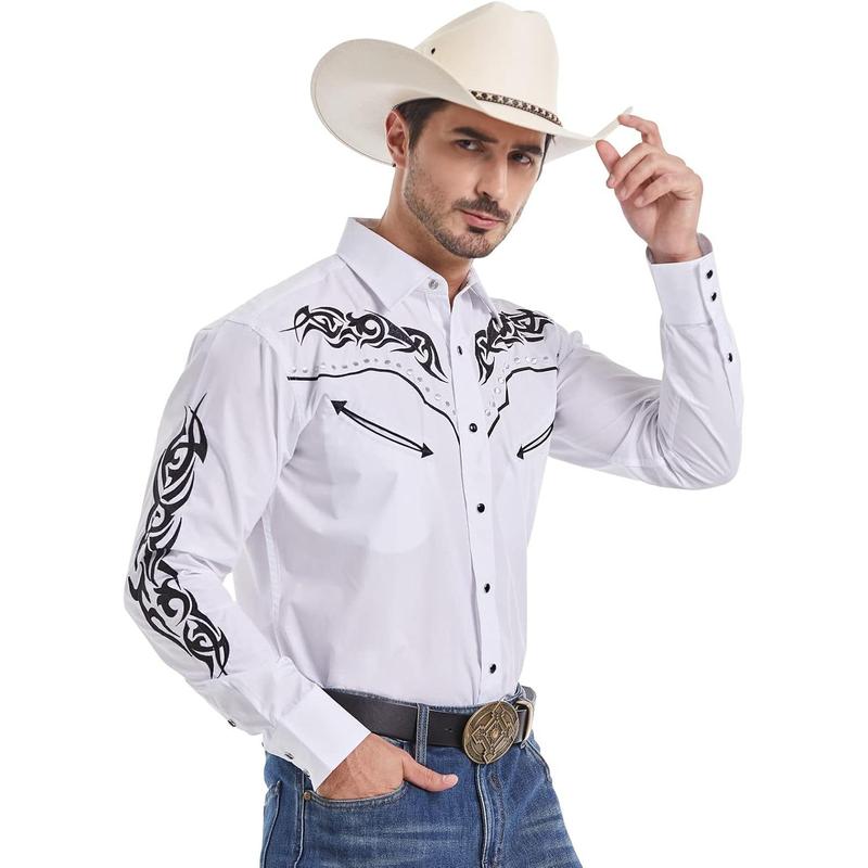 Men's Western Cowboy Shirt Embroidered Shirt Long Sleeve Casual Snap Button Shirt