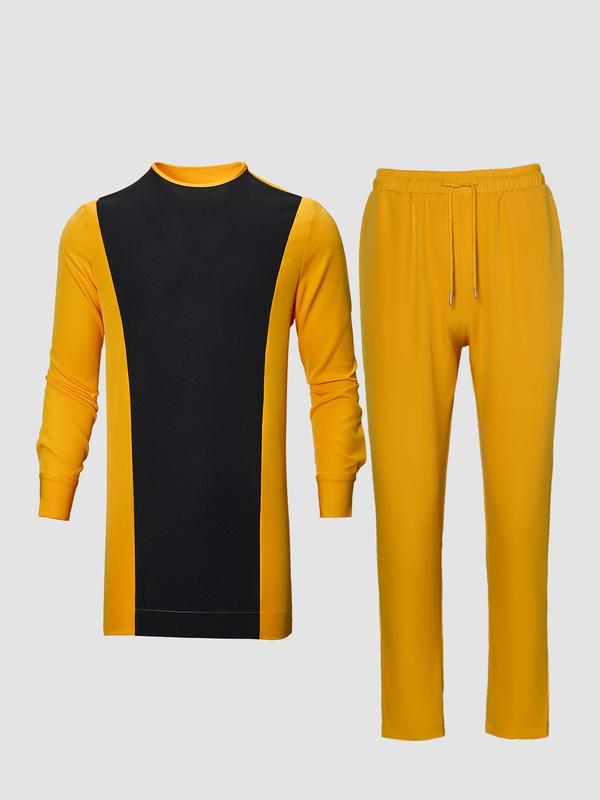 Men's Colorblock Mock Neck Tee & Drawstring Waist Pants Set, Casual Comfy Chic Streetwear Regular Fit Long Sleeve T-Shirt & High Waist Trousers for Party, Male Two-Piece Outfits for Summer