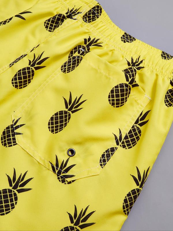 Men's Pineapple Print Grommet Eyelet Drawstring Shorts, Shorts for Men, Regular Fit Casual Elastic Waist Pocket Beach Vacation Shorts, Shorts for The Summer, Summer Woven Bottoms for Men, Menswear