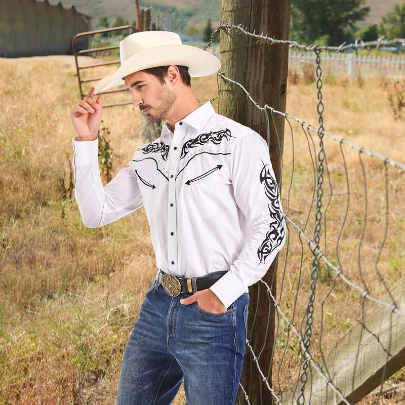 Men's Western Cowboy Shirt Embroidered Shirt Long Sleeve Casual Snap Button Shirt