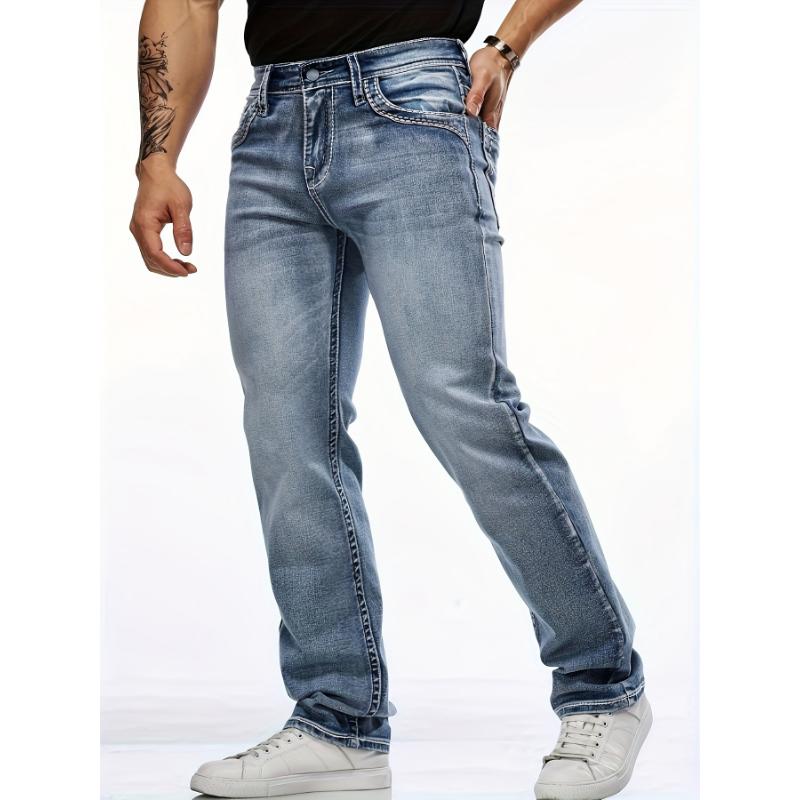 Men's Classic Stretch Denim Jeans With Embroidered Design, Regular Fit Four-Season Wear With Pockets, Suitable For Adults Menswear  Fabric Trouser