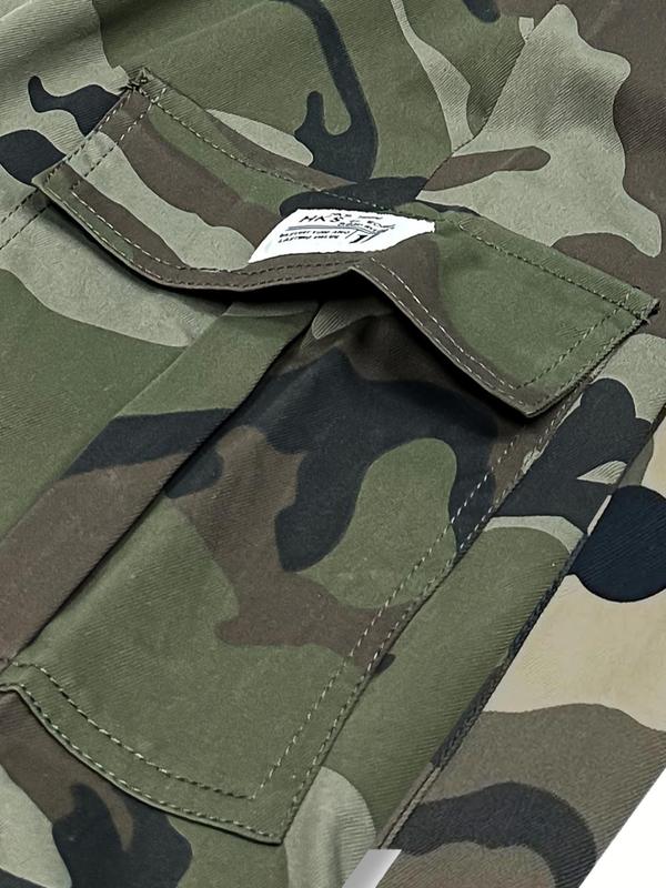 Men's Camo Print Patched Drawstring Waist Cargo Pants, Regular Fit Casual Pocket Trousers for Daily Outdoor Wear, Men's Bottoms for All Seasons