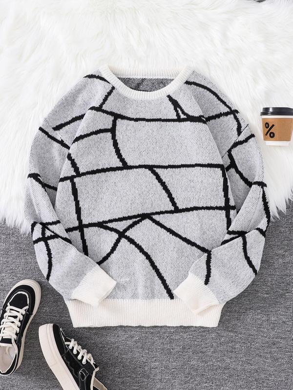 Men's Colorblock Print Drop Shoulder Sweater, Casual Regular Fit Long Sleeve Round Neck Jumper for Spring & Fall, Fashion Men's Knitwear for Daily Wear