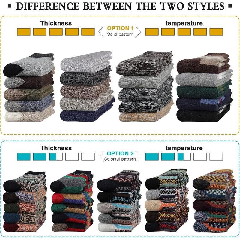 Mens Thick Wool Socks Thermal Warm Winter Crew Socks 5 Pairs Multicolors