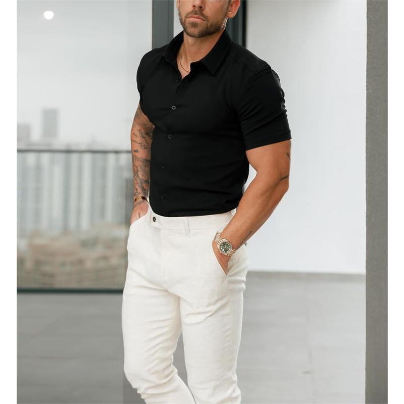 Men's muscle fit dress shirts athletic slim fit short sleeve stretch casual button down shirt