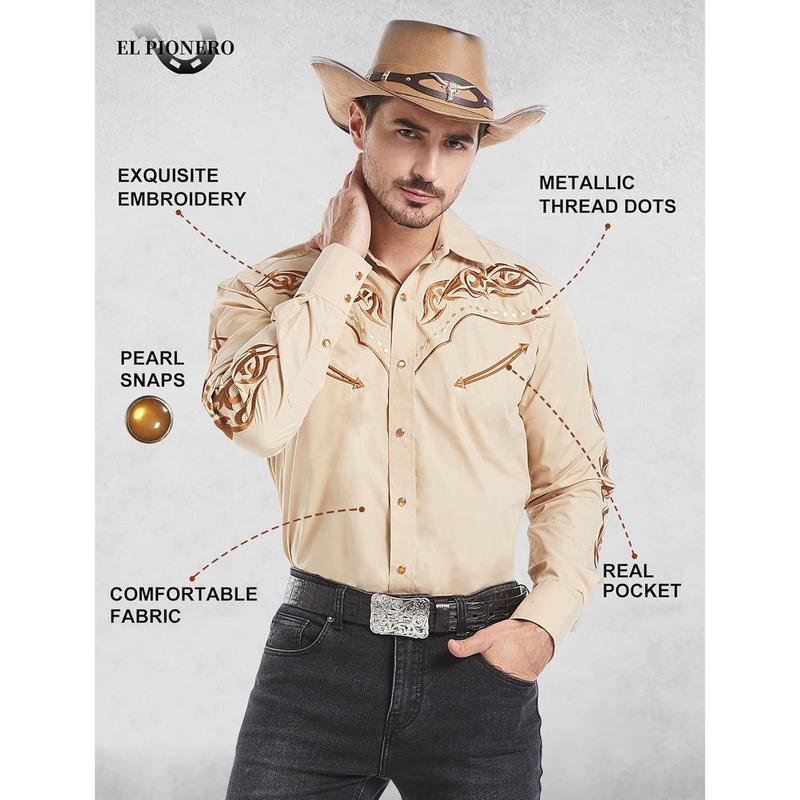 Men's Western Cowboy Shirt Embroidered Shirt Long Sleeve Casual Snap Button Shirt