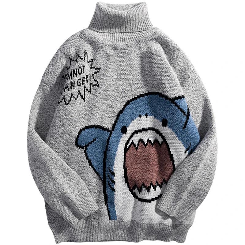 Shark Sweater Men Winter Cartoon Harajuku Korean Y2k Oversized Turtleneck Hip Hop Loose Knit Jumper Pullover High Collar Sweater