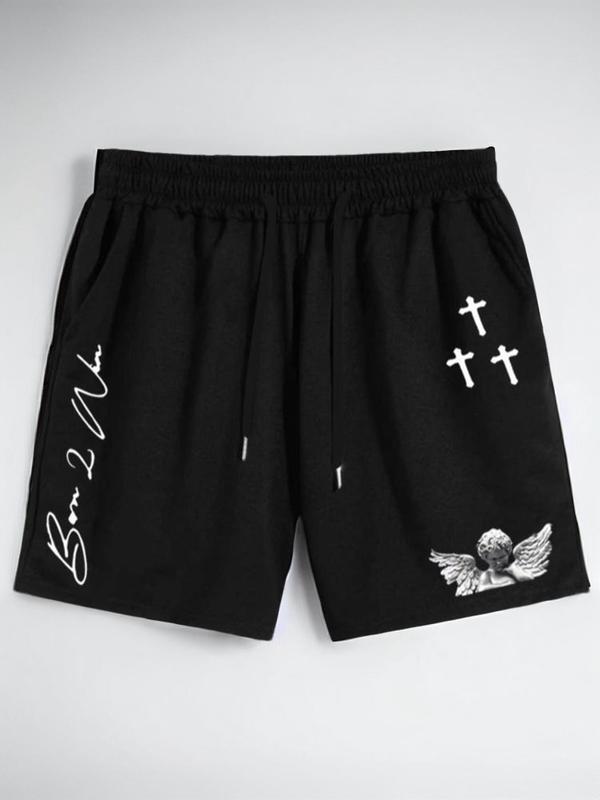 Men's Cross Letter Print Drawstring Waist Shorts, Summer Outfits 2024, Casual Regular Fit Pocket Straight Leg Shorts for Summer, Men's Streetwear Bottoms for Daily Wear, Shorts for Men, Mens Shorts