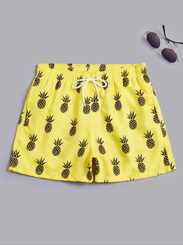 Men's Pineapple Print Grommet Eyelet Drawstring Shorts, Shorts for Men, Regular Fit Casual Elastic Waist Pocket Beach Vacation Shorts, Shorts for The Summer, Summer Woven Bottoms for Men, Menswear