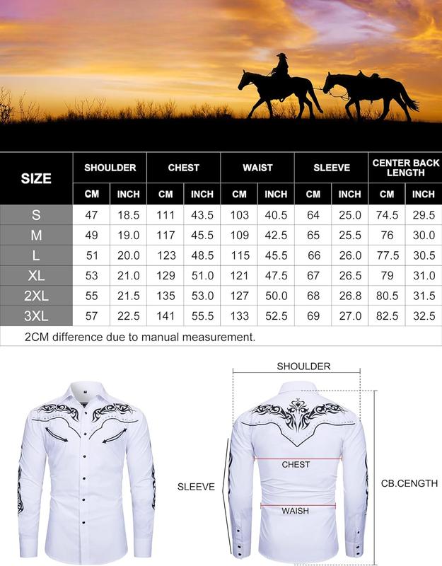 Men's Western Cowboy Shirt Embroidered Shirt Long Sleeve Casual Snap Button Shirt