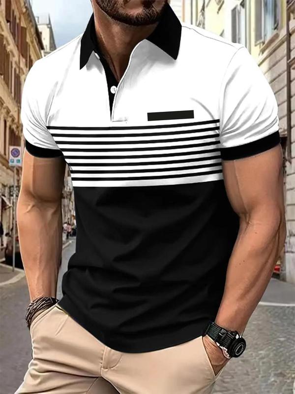 Men's Striped Print Polo Shirt, Regular Fit Casual Shortsleeve Button Front Top, Stylish Summer Clothes, Streetwear, Fashion Menswear Clothes for Daily Wear