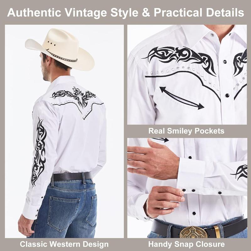 Men's Western Cowboy Shirt Embroidered Shirt Long Sleeve Casual Snap Button Shirt