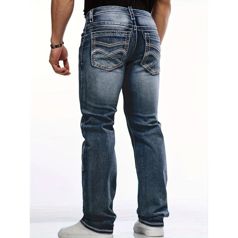 Men's Classic Stretch Denim Jeans With Embroidered Design, Regular Fit Four-Season Wear With Pockets, Suitable For Adults Menswear  Fabric Trouser