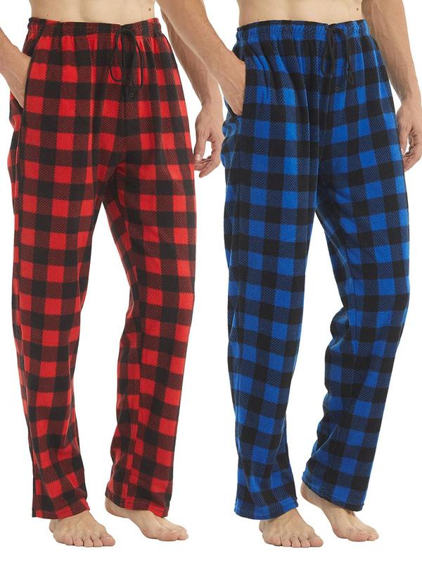 Men's Gingham Print Drawstring Waist Sleep Pants, Casual Comfy Button Front Sleep Bottoms For All Seasons, Soft Pajama Pants For Men