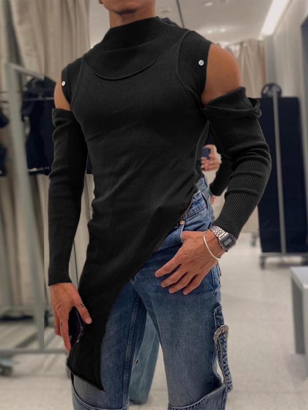 Men's Asymmetrical Hem Cut Out Ribbed Knit Sweater, Knit Top, Punk Button Design Mock Neck Top for Spring & Fall, Men's Streetwear Knitwear for Daily Wear