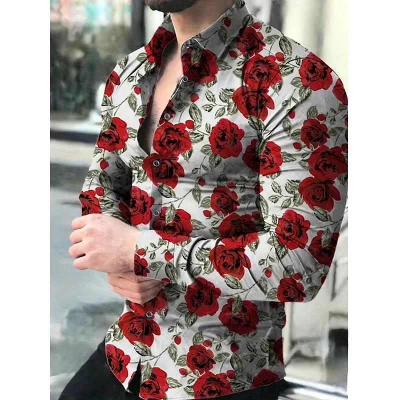 Men's Casual Fashion 3D Roses Graphic Print Shirt Oversized Trendy Long Sleeve Shirt Tops For Big Tall Males Men's Clothing Tops