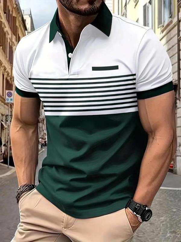 Men's Striped Print Polo Shirt, Regular Fit Casual Shortsleeve Button Front Top, Stylish Summer Clothes, Streetwear, Fashion Menswear Clothes for Daily Wear