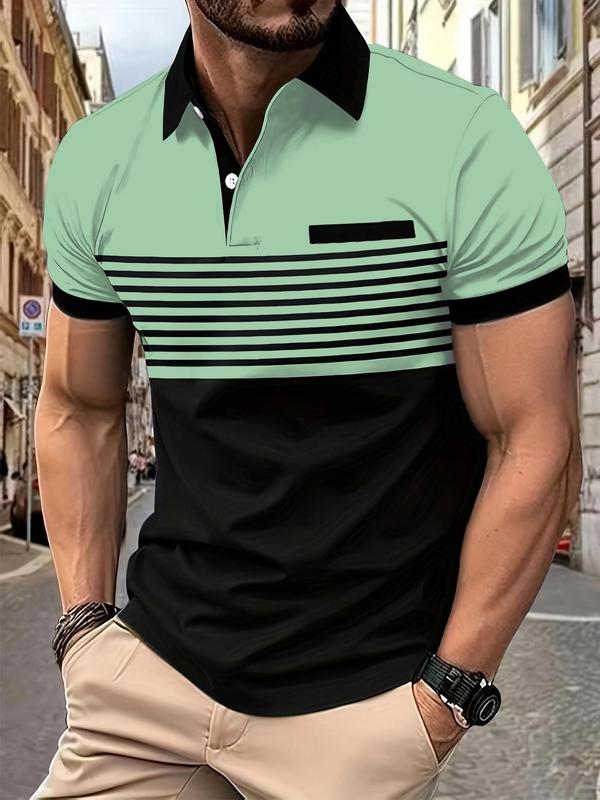 Men's Striped Print Polo Shirt, Regular Fit Casual Shortsleeve Button Front Top, Stylish Summer Clothes, Streetwear, Fashion Menswear Clothes for Daily Wear