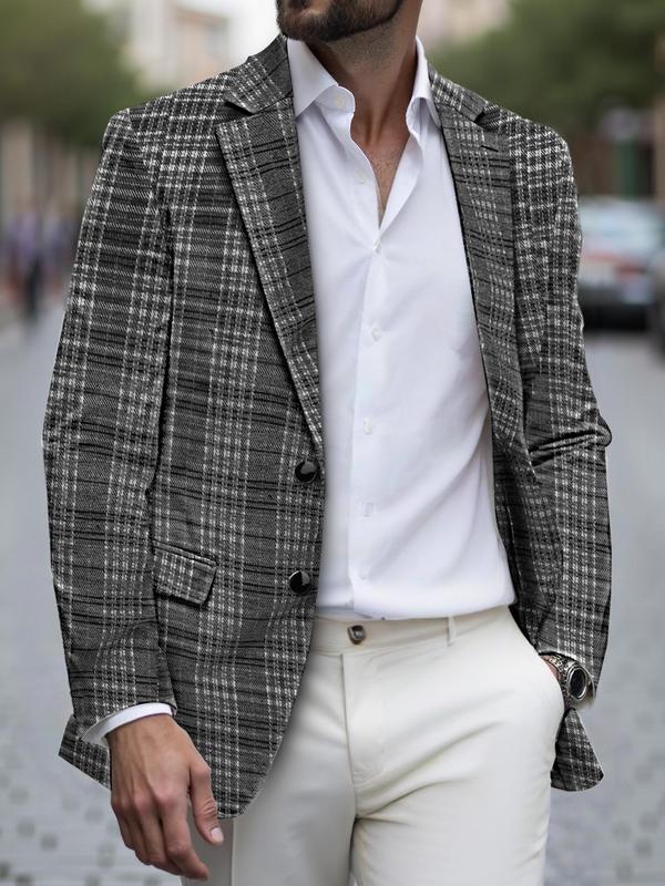 Men's Plaid Print Button Front Suit Jacket, Regular Fit Casual Long Sleeve Lapel Neckline Blazer for Work Office Business, Men's Clothing for Fall & Winter