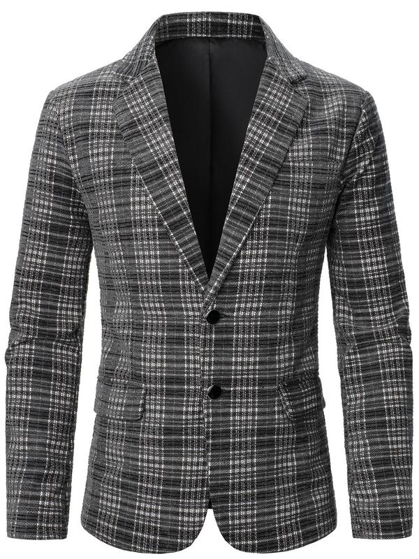 Men's Plaid Print Button Front Suit Jacket, Regular Fit Casual Long Sleeve Lapel Neckline Blazer for Work Office Business, Men's Clothing for Fall & Winter