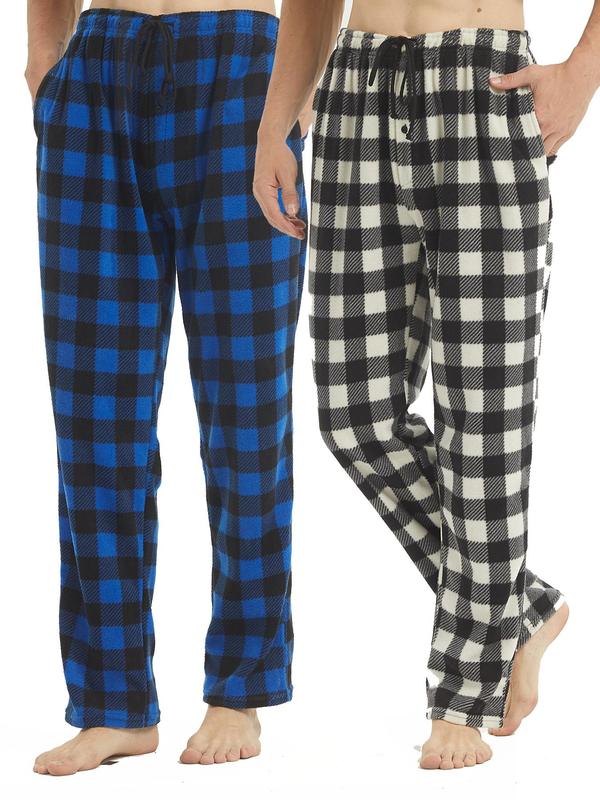 Men's Gingham Print Drawstring Waist Sleep Pants, Casual Comfy Button Front Sleep Bottoms For All Seasons, Soft Pajama Pants For Men