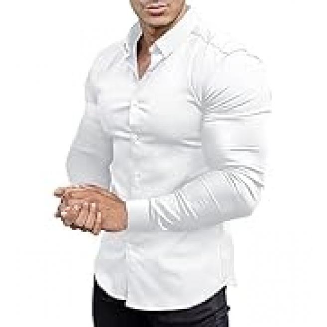 Men's muscle fit dress shirts athletic slim fit short sleeve stretch casual button down shirt