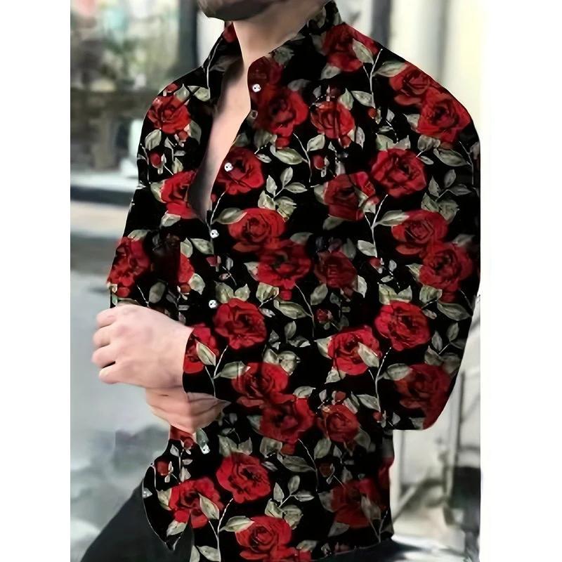 Men's Casual Fashion 3D Roses Graphic Print Shirt Oversized Trendy Long Sleeve Shirt Tops For Big Tall Males Men's Clothing Tops