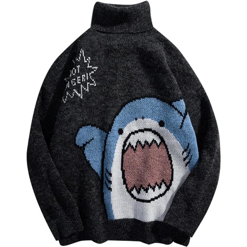 Shark Sweater Men Winter Cartoon Harajuku Korean Y2k Oversized Turtleneck Hip Hop Loose Knit Jumper Pullover High Collar Sweater