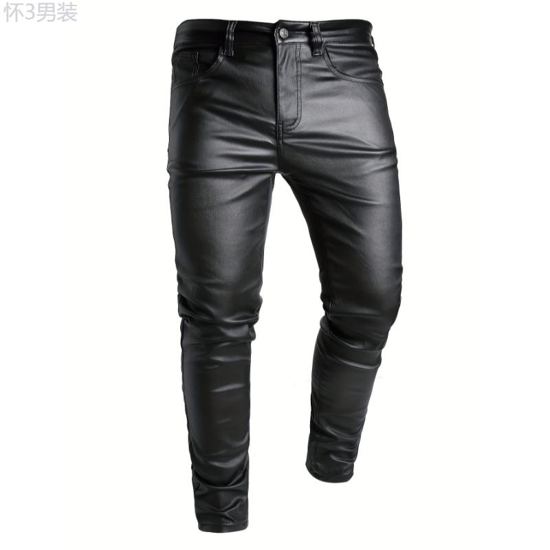 Men's Casual High Stretch Jeans, Chic Street Style Coated Skinny Jeans Fabric Menswear