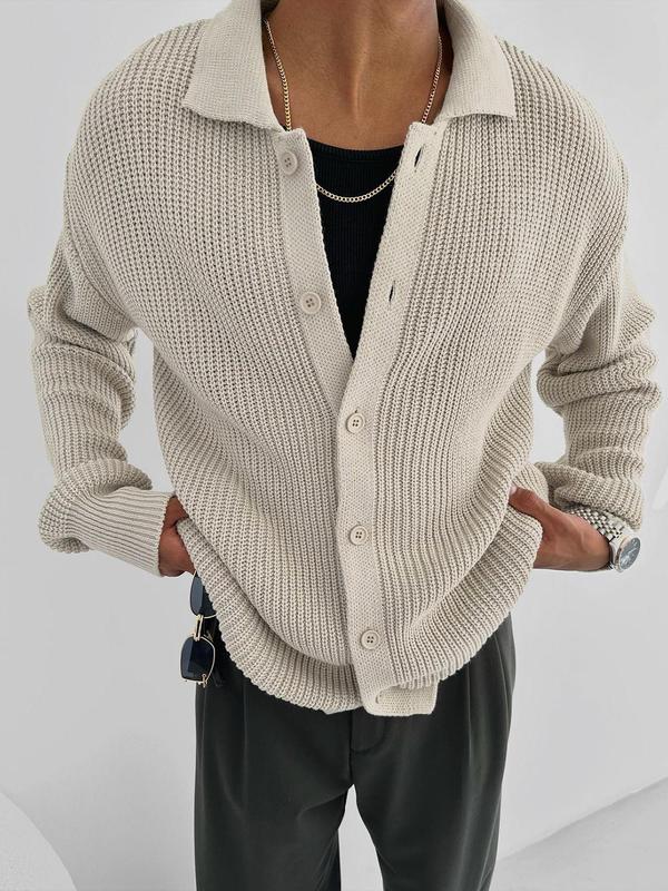 Men's Solid Button Front Cardigan, Loose Casual Drop Shoulder Long Sleeve Knitwear for Fall & Winter, Men's Knit Clothing for Daily Wear