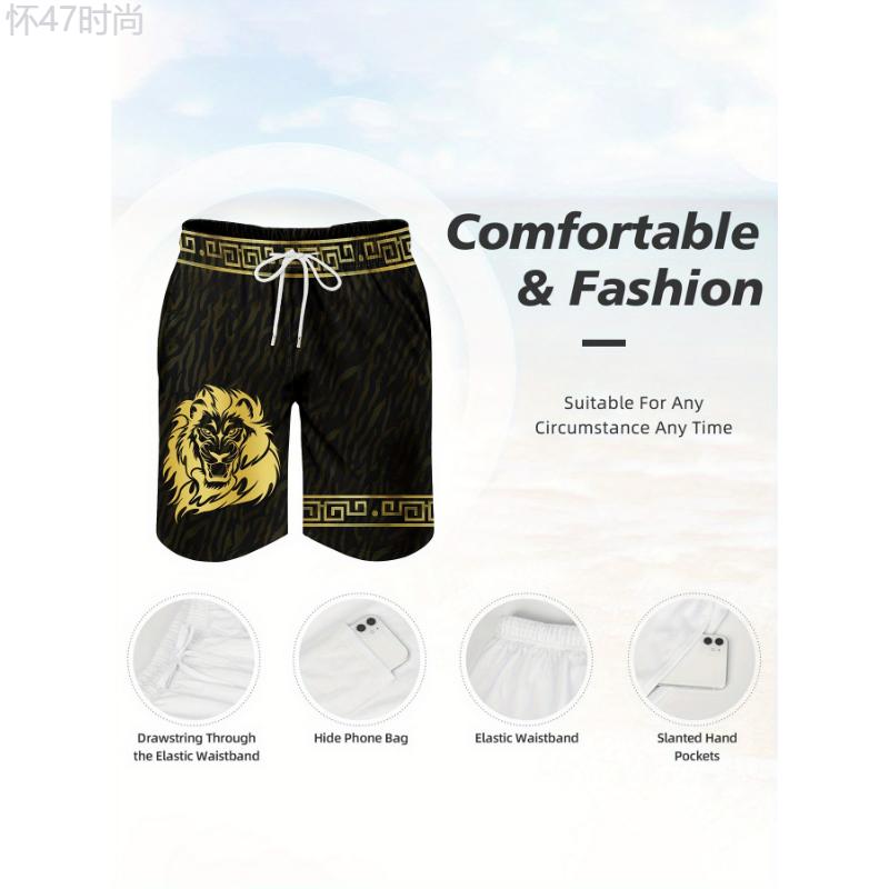 Men's Lion Pattern Shorts With Drawstrings, Casual Trendy With Linings Beach Vacation Swimming Shorts For Summer Outdoors Menswear Spandex