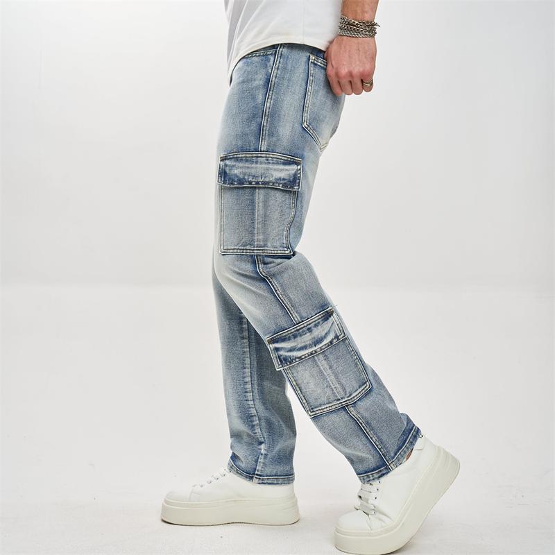 Streetwear Men Stylish Multiple pockets Cargo Jeans Male Loose Carpenter Motorcycle Straight Denim Pants Menswear Underwear Trouser Human Beige Plain