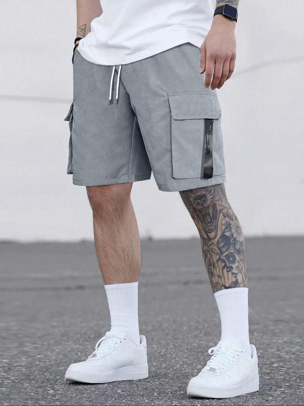 Men's Solid Drawstring Waist Cargo Shorts, Summer Outfits, Street Fashion Casual Streetwear Loose Pocket Straight Leg Shorts for Daily Outdoor Wear Back To School, Mens Bottoms for Summer