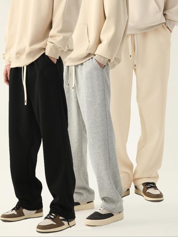 Men's Solid Drawstring Waist Pants, Casual Comfy Loose Straight Leg Trousers for Spring & Fall, Men's Bottoms for Daily Wear