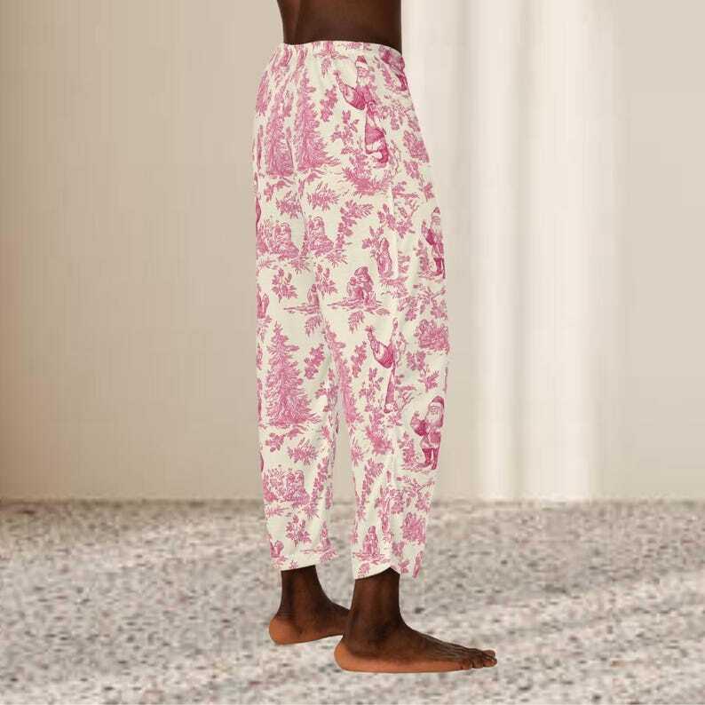 Men's Pink Toile Pajama Pants, Elegant Lounge Wear, Vintage-Inspired Sleepwear for Men, Cozy Relaxed Fit Pants with Toile Print