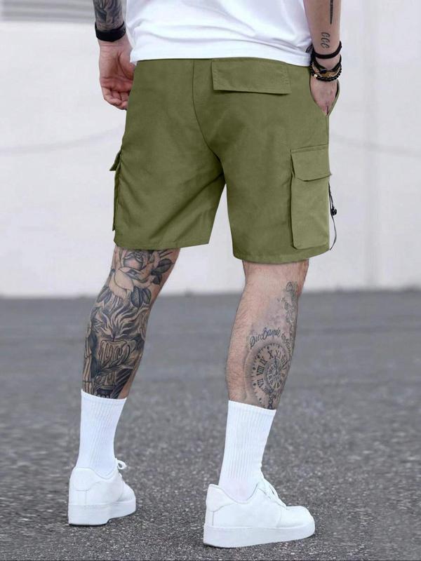 Men's Solid Drawstring Waist Cargo Shorts, Summer Outfits, Street Fashion Casual Streetwear Loose Pocket Straight Leg Shorts for Daily Outdoor Wear Back To School, Mens Bottoms for Summer