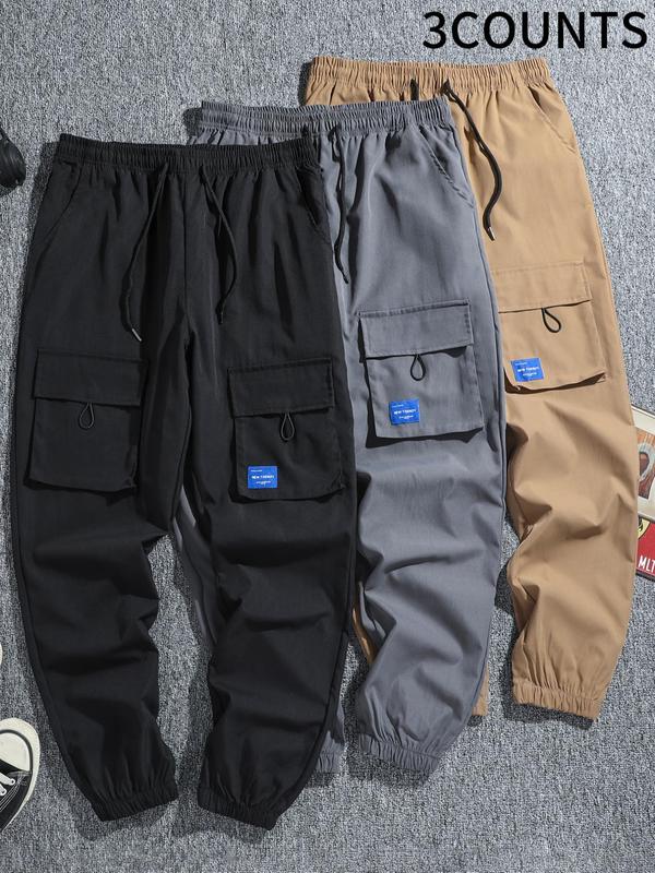 Menswear Letter Patched Pocket Drawstring Cargo Plain Pants, Regular Fit Casual Elastic Waist Pants for Daily Wear, Woven Bottoms for All Seasons, Fall Outfits, Earthtone Fallfreshness, Fall clothes 2024