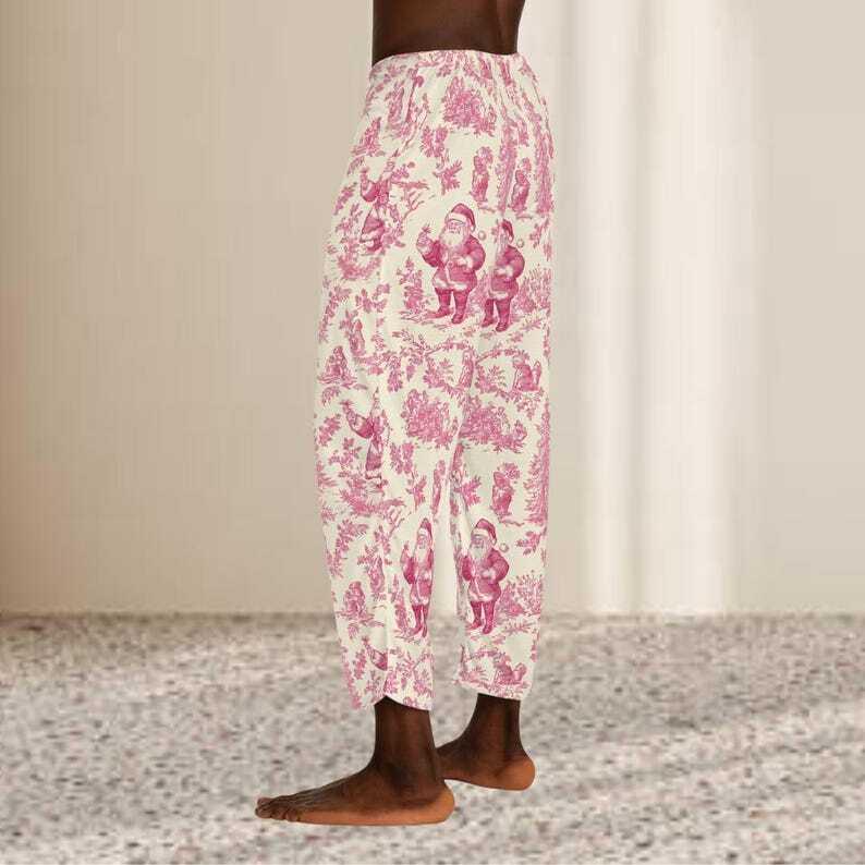 Men's Pink Toile Pajama Pants, Elegant Lounge Wear, Vintage-Inspired Sleepwear for Men, Cozy Relaxed Fit Pants with Toile Print