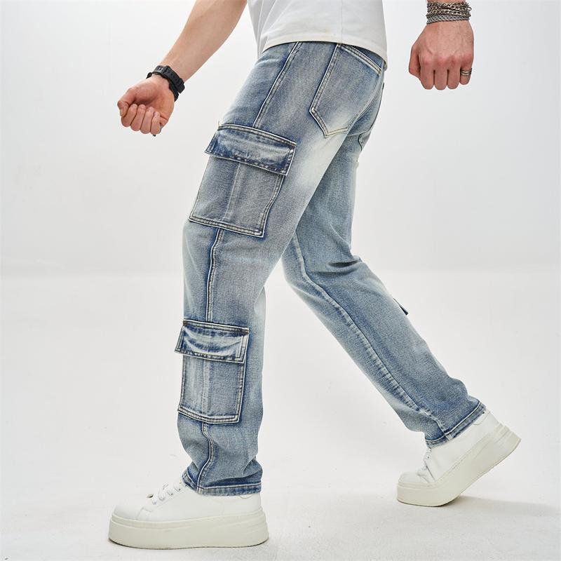 Streetwear Men Stylish Multiple pockets Cargo Jeans Male Loose Carpenter Motorcycle Straight Denim Pants Menswear Underwear Trouser Human Beige Plain