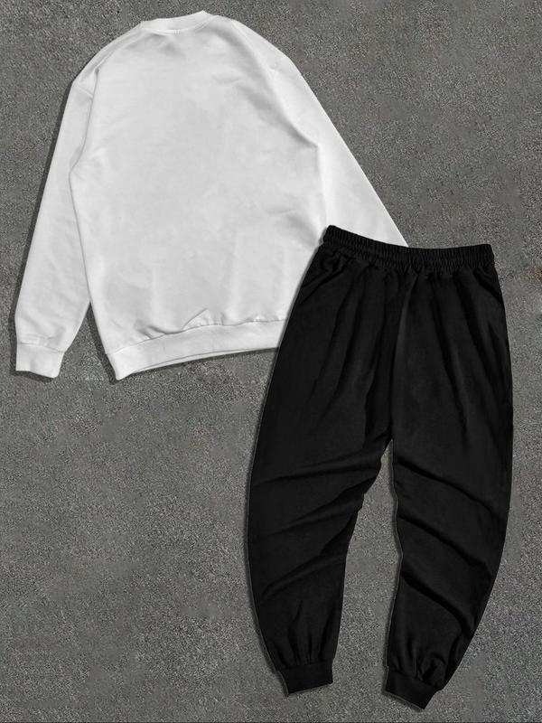 Men's Mouth Print Long Sleeve Sweatshirt & Letter Print Elastic Waist Sweatpants Set, Regular Fit Casual Round Neck Pullover & Pocket Jogger Pants, Men's Fall & Winter Clothes