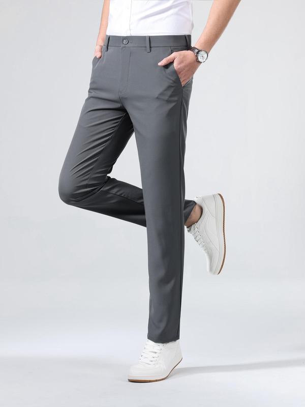 Men's Pocket Button Fly Slim Pants, Solid Color Suit Pants, Slant Pocket Straight Leg Formal Pants, Business Plain Dress Pants for Men