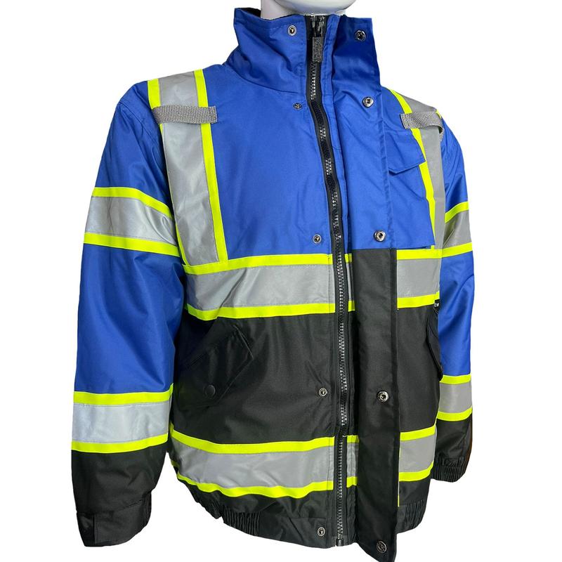 Royal Blue with black bottom Hi Visibility Reflective Safety Bomber Rain Jacket   Blue Safety Jacket with Sherpa Insulation to keep warm in cold weather  (see sizing information on description)