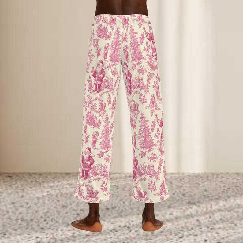 Men's Pink Toile Pajama Pants, Elegant Lounge Wear, Vintage-Inspired Sleepwear for Men, Cozy Relaxed Fit Pants with Toile Print