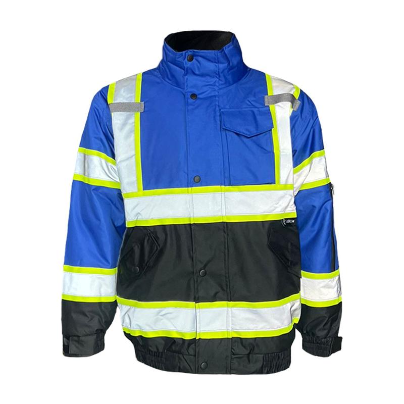 Royal Blue with black bottom Hi Visibility Reflective Safety Bomber Rain Jacket   Blue Safety Jacket with Sherpa Insulation to keep warm in cold weather  (see sizing information on description)