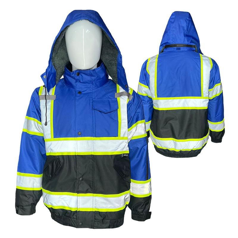 Royal Blue with black bottom Hi Visibility Reflective Safety Bomber Rain Jacket   Blue Safety Jacket with Sherpa Insulation to keep warm in cold weather  (see sizing information on description)