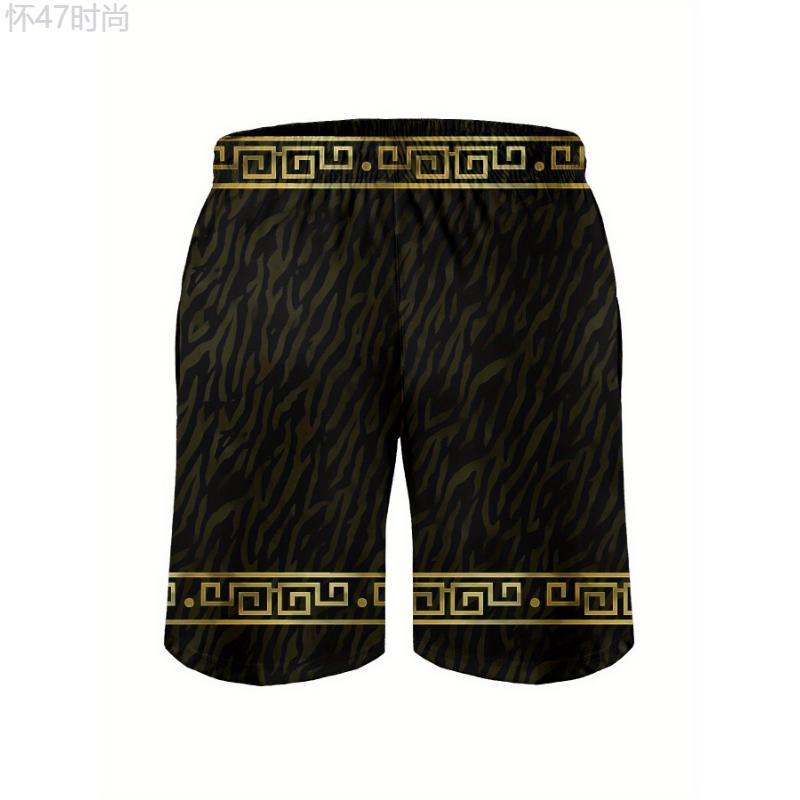 Men's Lion Pattern Shorts With Drawstrings, Casual Trendy With Linings Beach Vacation Swimming Shorts For Summer Outdoors Menswear Spandex