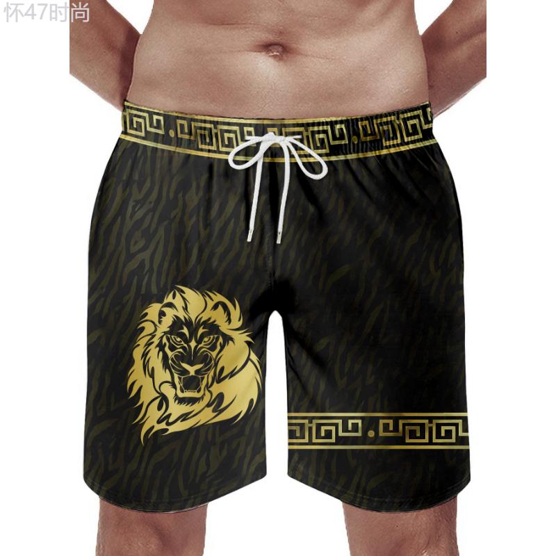 Men's Lion Pattern Shorts With Drawstrings, Casual Trendy With Linings Beach Vacation Swimming Shorts For Summer Outdoors Menswear Spandex